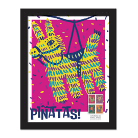 Piñatas！裱框邮票 - 带有粉色背景的驴图像