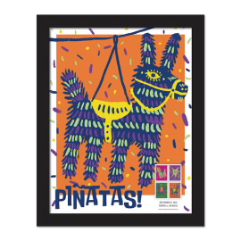 Piñatas！裱框邮票 - 带有橙色背景的驴图像